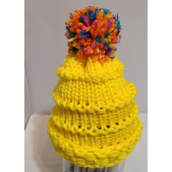 Yellow Handmade Knitted Infant Hat with Multi Color PomPom