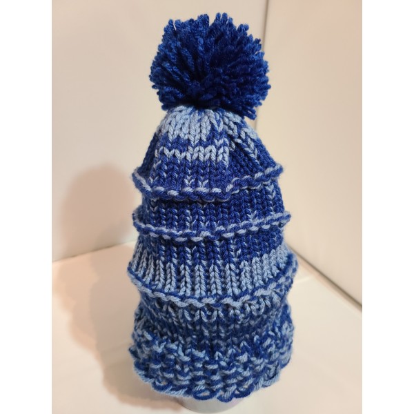 Blue and Light Blue Handmade Knitted Hat with Blue PomPom for Children