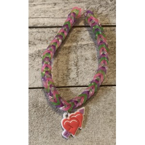 AJD-1020 : Green, Purple and Pink Rainbow Loom Fishtail Bracelet With Heart Charm at HatsForDogs.com