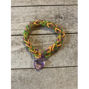 AJD-1021 : Green, Purple and Orange Rainbow Loom French Braid Bracelet With Heart Charm at HatsForDogs.com