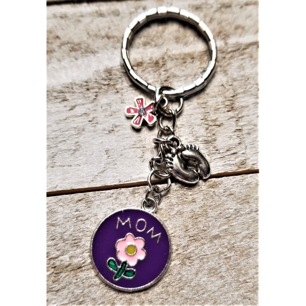 Mom Footprints Keyring Pink Flower Mother Daughter Gift