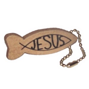 RTD-1259 : Jesus Wood Fish Symbol Ichthys Christian Key Chain at HatsForDogs.com