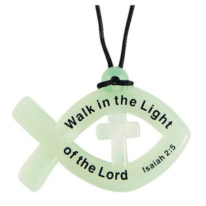 RTD-3325 : Glow-in-the-Dark Fish Symbol Necklace w/ Bible Verse at HatsForDogs.com