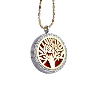 RTD-3652 : Essential Oils Diffuser Tree Locket Necklace Gold on Silver with Rhinestones at HatsForDogs.com