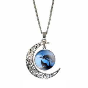 RTD-3686 : Wolf On Lakeshore Blue Dusk Pendant Crescent Moon Necklace at HatsForDogs.com