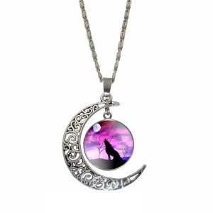 RTD-3687 : Wolf On Plains Purple Dusk Pendant Crescent Moon Necklace at HatsForDogs.com