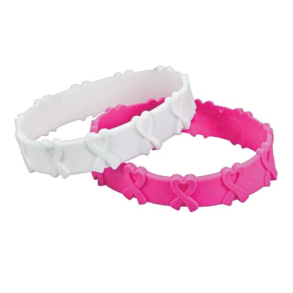 12-Pack of Rubber 3D Pink and White Ribbon Cancer Awareness Bracelets