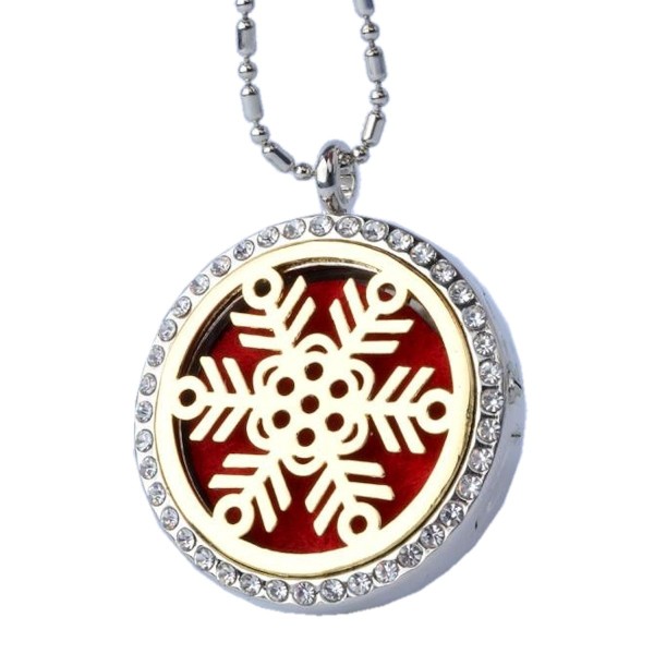 Snowflake Aromatherapy Diffuser Necklace Gold on Silver Locket with Rhinestones