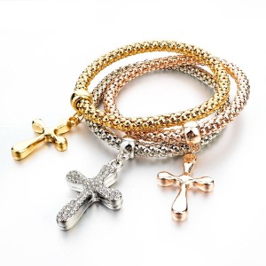 RTD-3847 : Multilayer 3pc Gold Silver Copper Cross Fashion Bracelet at HatsForDogs.com