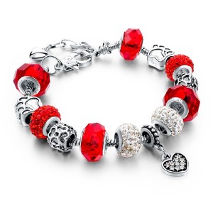 RTD-3849 : Red Crystal Charm Bracelet with Paw Print Charms at HatsForDogs.com