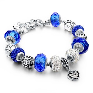 RTD-3850 : Blue Crystal Charm Bracelet with Paw Print Charms at HatsForDogs.com