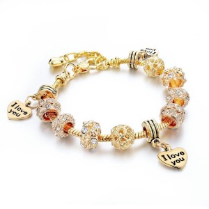 RTD-3852 : Heart 3x I Love You Golden Charm Bracelet with Crystal Beads at HatsForDogs.com