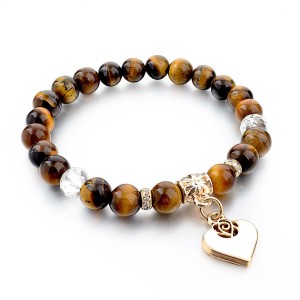 RTD-3856 : Tiger Eye Stone Bead White Heart Charm Bracelet at HatsForDogs.com