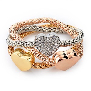 RTD-3858 : Three Heart Charm 3-Piece Set Gold Silver Fashion Bracelet at HatsForDogs.com