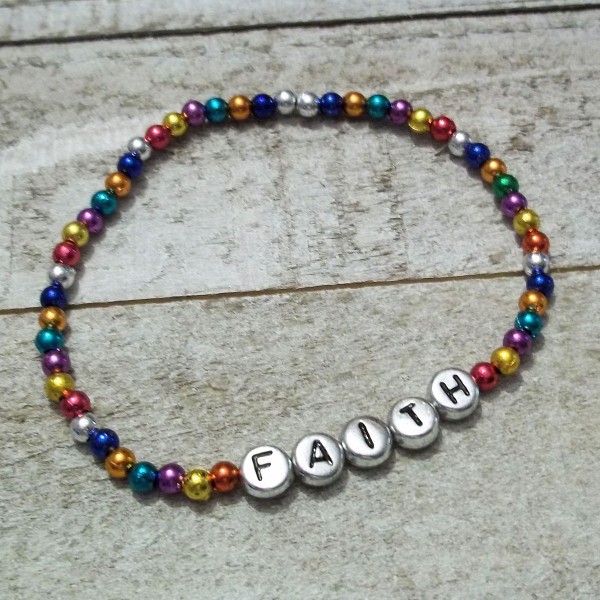 Faith Words Beaded Stretch Bracelet Pearlized Beads Silver Accent Jewelry