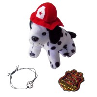 Plush Fire Dalmatian Puppy Dog with Paw Bracelet and Firefighter Patrol Badge Party Bag Set
