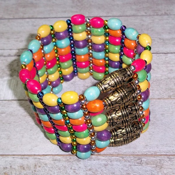 Bohemian Wood Beaded Cuff Bracelet Eight Strand Stretchy Layered Jewelry