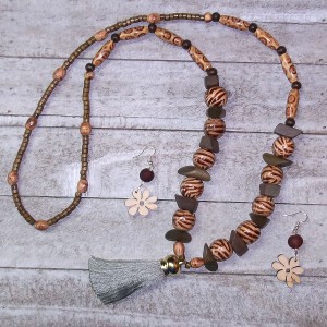 RTD-4037 : Wooden Beaded Tassel Necklace and Earrings Set at HatsForDogs.com