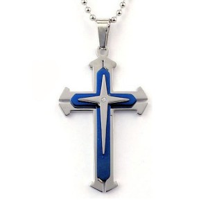 RTD-4535 : Blue Titanium Steel Cross Necklace with Stone at HatsForDogs.com