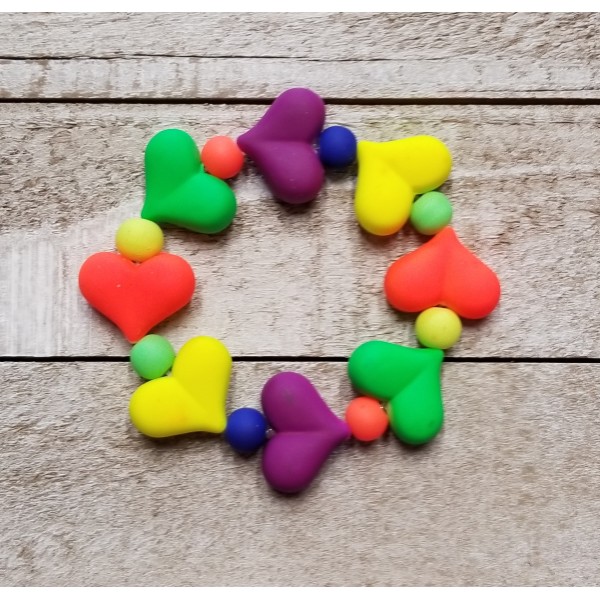 Neon Heart Chunky Bead Bracelet Kids Stretch Accessory Playful Jewelry